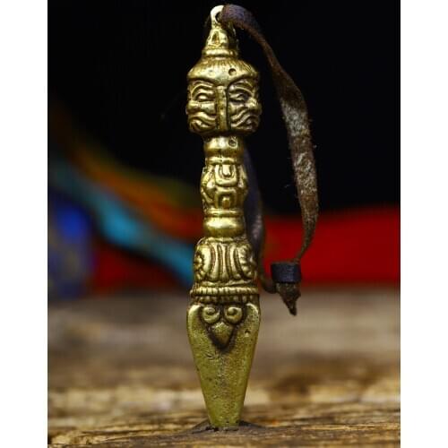 4"Tibet Buddhism Old Bronze Three-sided Mahakala statue Dharma Pendant Dorje Vajra Phurpa