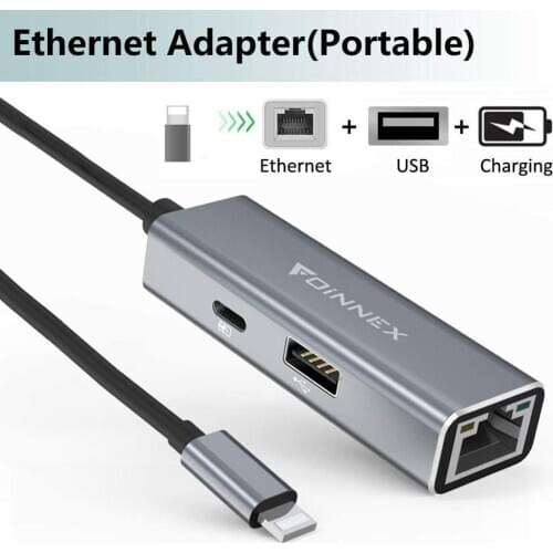 FOINNEX Ethernet Adapter Power Charging PD for iPad for iPhone 11/X/XS/XR/8/7/6 , Lighting to RJ45 Ethernet, USB Camera