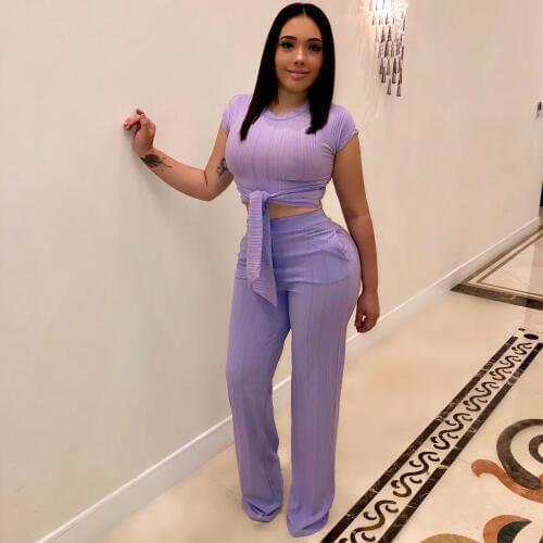AHVIT Solid Color Elegant Women Two Piece Set O Neck Short Sleeve Bow Bandage Crop Top And Wide Leg Long Pants SY-A8319