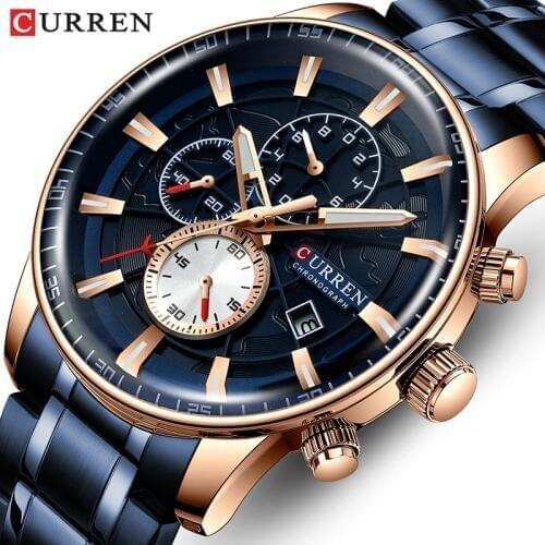 New Men’s Watch Curren Top Luxury Brand Fashion Waterproof Chronograph Quartz Wristwatch Stainless Steel Sports Clock Watches