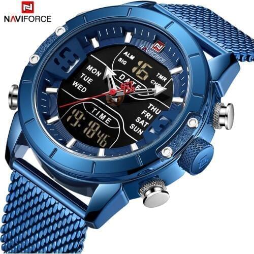 NAVIFORCE Mens Watches Top Brand Luxury Sport Watch Men Mesh Strap 30M Waterproof Miliary Dual Display Wrist Watch Clock Blue