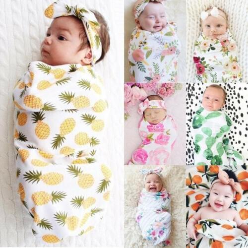 Focusnorm New Fashion 0-18M Newborn Baby Swaddle Muslin Blanket Infant Sleeping Bag Floral Swaddle Wrap+Headband 2 PCS Set