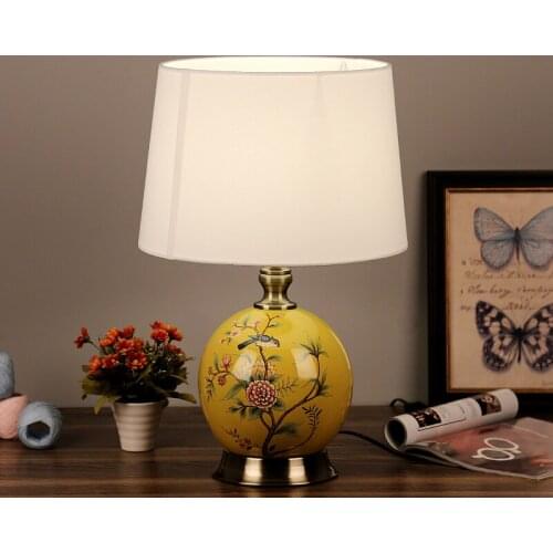 Chinese style flower&bird yellow ceramic Table Lamps European rural white fabric iron deco lamp bedside&foyer&studio XJYTC003