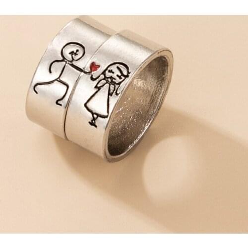 Docona Fashion Pattern Stitching Couples Rings for Women Men Cartoon Heart Letter Ring Set Wedding Jewelry Valentines Day Gifts