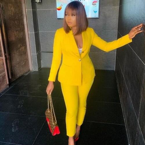 Vintage Autumn Winter Thicken Women Pant Suit Yellow Notched Blazer Jacket & Pant 2021 Office Wear Women Suits Female Sets