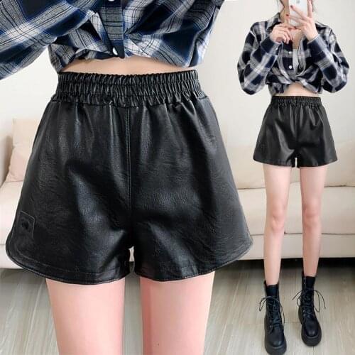 Leather shorts women wear in autumn and winter 2021 new high waist slim joker A loose wide leg plus size pu leather pants women