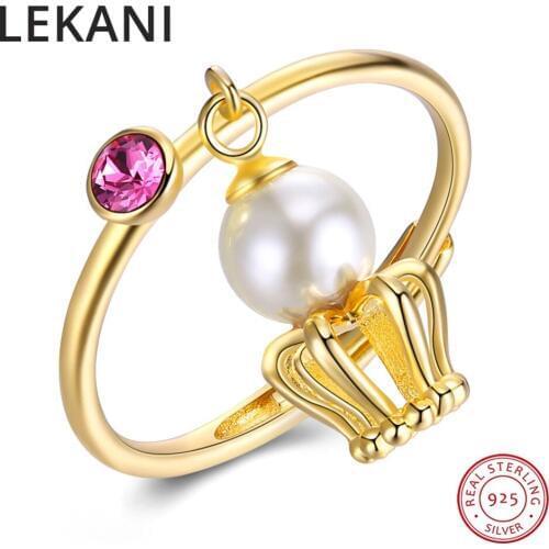 LEKANI New Gold Plated 925 Silver Open Rings Resizable Pearls Finger Jewelry Crystals From Swarovski For Women Wedding Christmas