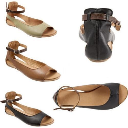 Summer Sandals Women Plus Size Flats Female Casual Peep Toe Shoes Leather Slip On Ankle Strap Flip Flops Leisure Solid Footwear