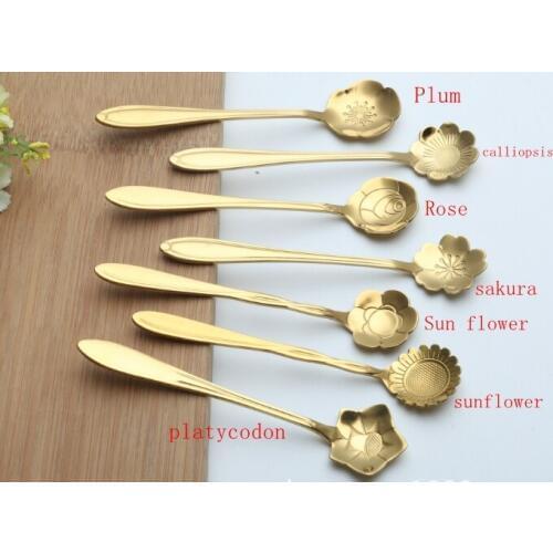 100pcs/lot 12.5*2.5cm Gold color Flower Spoon Stainless Steel Cherry Blossoms Sakura Rose Measuring Tea Coffee Scoop Gift