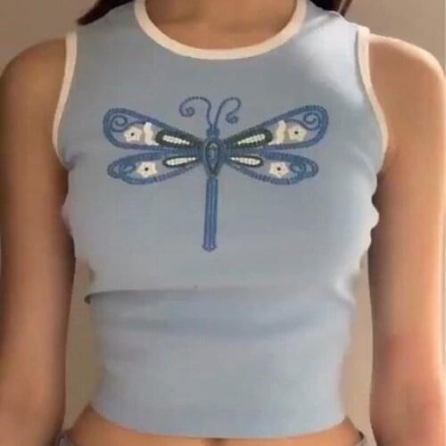 Cute Butterfly Print Mini Vest 90s Women Vintage Crop Top y2k Aesthetic Summer Sleeveless Sweats Tank Top Clothes E-girl Tee