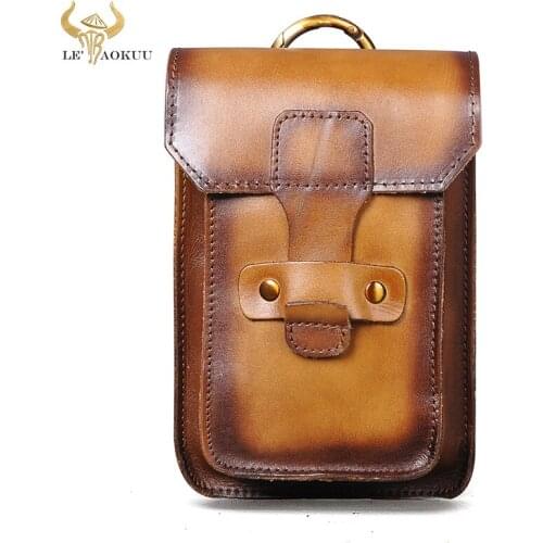 2021 New Original Leather Men Travel Design Gold Small Cigarette Bag Pouch Hook Fanny Waist Belt Pack Case 7" Phone Pouch 9966