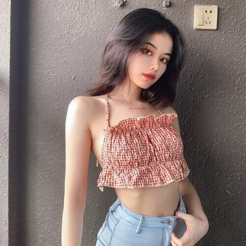 The new tight-fitting halter big halter vest women summer floral folds strappy sexy top