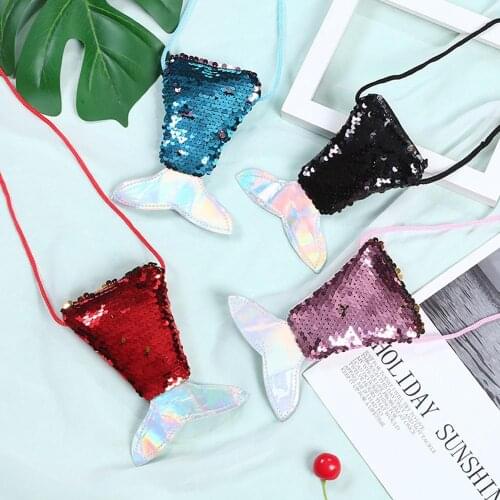 New Hot Paillette Childrens Coin Purse Creative Mermaid Sequin Casual Long Rope Fishtail With Belt Kids Mini Handbags Girls