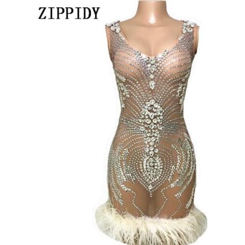 Glisten Crystals Feather Mesh Perspective Dress Female Singer Show Outfit Womens Birthday Celebrate Wear Sexy 3 Style Dresses