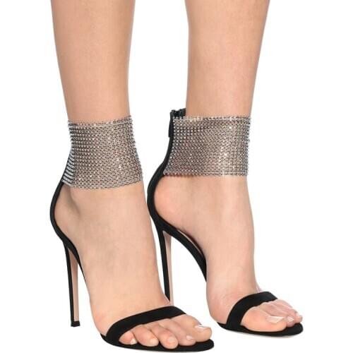 Gladiator Sandals 2021 Summer Shoes Woman New Open Toe Thin Heels Rhinestone Black High Heels Sandal Sheepskin Crystal Rome Shoe