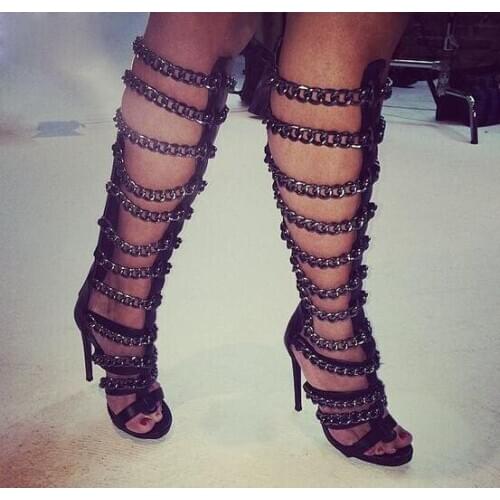 Chain Straps Cut-outs Stiletto Heels Gladiator Sandals Boots Lady Zipper Thin Heels Party Shoes Women Open Toe Knee High Boots