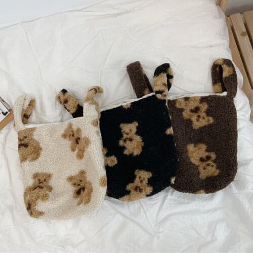 Fashion Cartoon Bear Print Handbag Tote Women Plush Travel Shopping Shoulder Underarm Purse Autumn Winter Portable Wristlets Bag