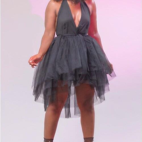Dark Gray Simple Sexy Halter V-neck Woman Dress Tulle Ruffles Backless Mini Skirts Custom Made Plus Size