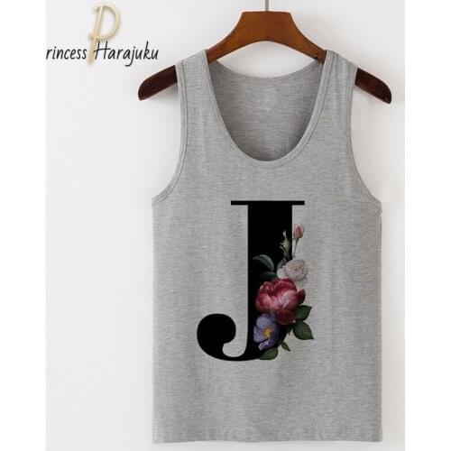 New 2020 Camisole Tank Tops Women Cartoon 26 English Alphabet Print Tops Tee Casual Loose O-neck Sexy Gray Sleeveless Ladies