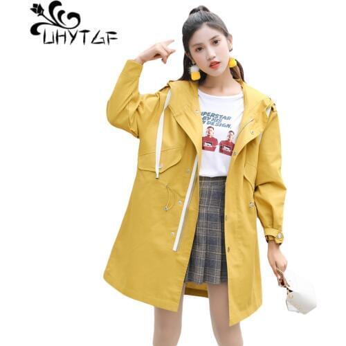 UHYTGF Trench coat for women Fashion hooded Slim student spring autumn coat outerwear Drawstring casual plus size tops jacket278