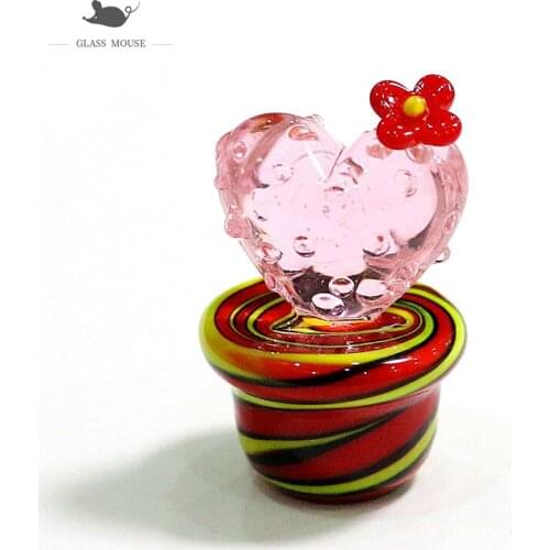 Handmade Murano Pink Heart-Shaped Glass Cactus Figurines Crafts Ornaments Creative Cute Mini Plant Gifts For Home Tabletop Decor