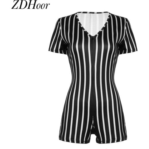 Womens Playsuits Short Sleeves Striped Catsuit Bodycon Jumpsuit Short Romper Summer Leotard Bodysuit Casual Clothing