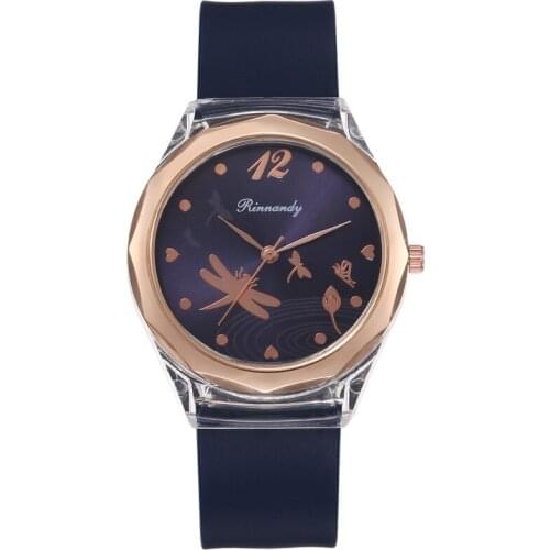 Womens Silicone Strap Round Dial Watch Dragonfly Printed Middle School Student Pointer Quartz Creative Watch