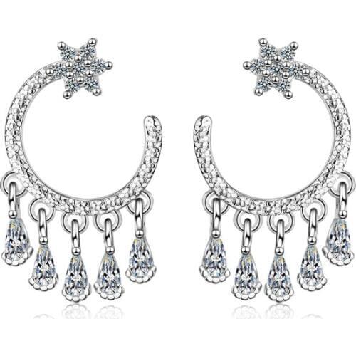 KOFSAC Charm 925 Silver Earrings For Women Engagement Exquisite Crystal Personality Star Moon Earring Jewelry Girl Birthday Gift