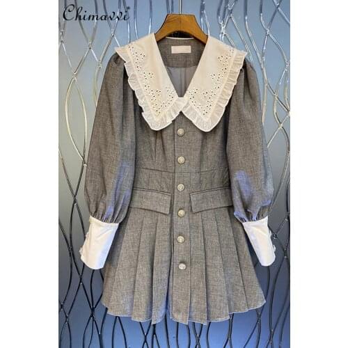 2021 Autumn Dress Fashion Peter Pan Collar High Waist Slimming Single-Breasted Long Sleeve Dress Casual Elegant Pleated Dress