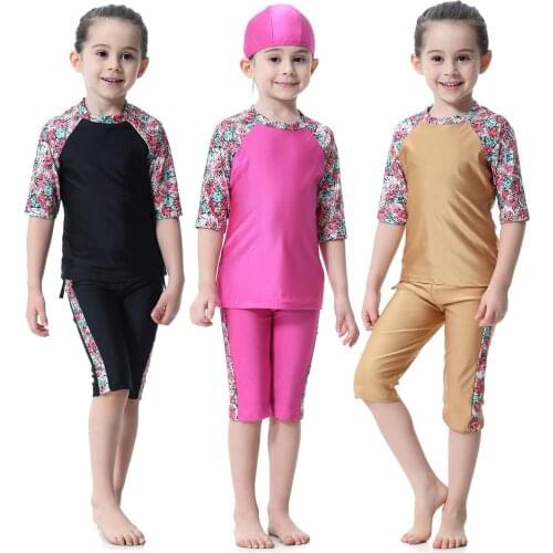3pcs Muslim Swimsuits for Girls Kids Swimsuit Suits Burkinis Hijab Islamic Swimwear Children Bathing Beachwear Swim Sets