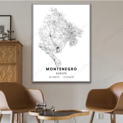 Black and White Europe City Map The Montenegr City Map Poster HD Print Wall Art Canvas Nordic Landscape Painting for Home Decor