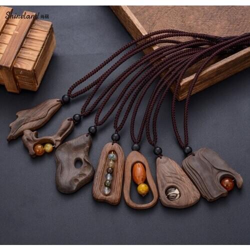 Shineland Long Statement Rope Vintage Sandalwood Natural Stone Pendant Necklace for Women Men Ethnic Jewelry Wholesale Cheap