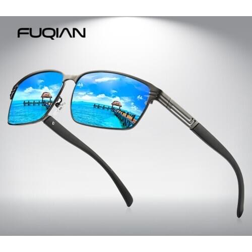 FUQIAN Vintage Rectangle Men Polarized Sunglasses Classic Square Metal Male Sun Glasses Fashion Mirror Blue Driving Eyeglasses