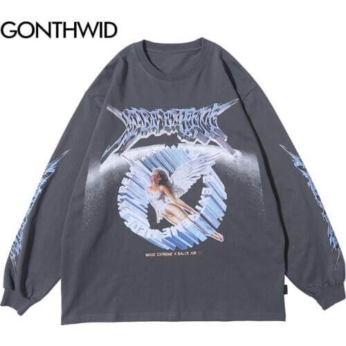 GONTHWID Tees Shirts Creative 3D Angel Print Long Sleeve Tshirts Streetwear Hip Hop Hipster Casual Loose T-Shirts Fashion Tops