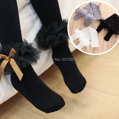 Girls lovely bow pantyhose big lace baby floral tights cute princess flowers cotton autumn warm pantyhose for infant child