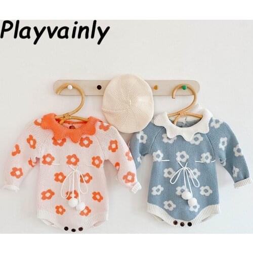 2020 Autumn New Baby Girl Bodysuit Colorful Flower Blue Orange Long Sleeve Knitted Sweater Jumpsuit Newborn Clothes 0-2Y E82117