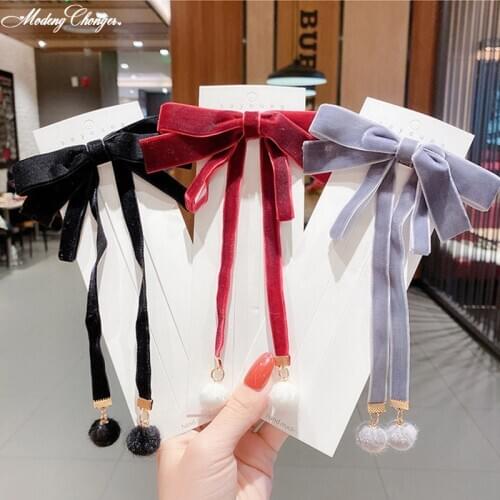 Fashion Streamer Tassel Velvet Bowknot Hair Clips Hand Tie Large Pigtail Bow Hairpin for Women Layered Hair Barrette Accessoires
