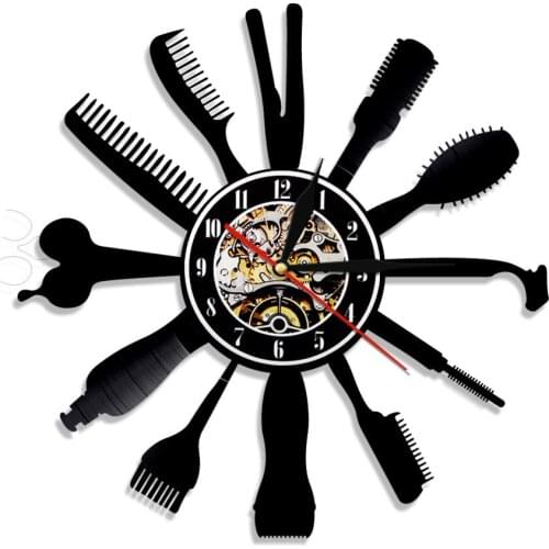 Barber Shop Hair Salon Equipments Wall Clock Made Of Re-purposed Vinyl Record Hairdresser Beauty Salon Modern Design Wall Clock