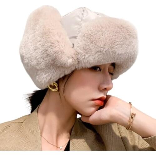 New Winter Real fur Hat Women Outdoor Super Warm Real Rex Rabbit Fur Bomber Hats Natural Soft Rex Rabbit Fur Ear Protection Caps