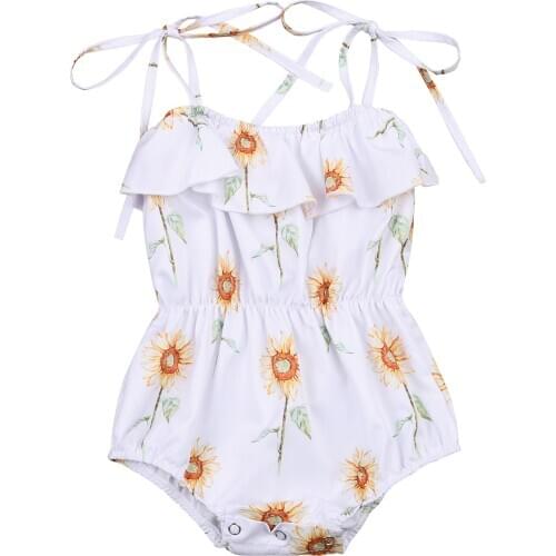 OPEPRIAYA Baby Girls Lace-up Sling Ruffle Summer Bodysuit Cartoon Sunflower Print Falbala Elastic Casual Jumpsuit Daily Life