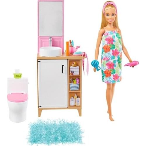 Original Barbie Doll and Room Play Set GTD87 GRG86 GRG87 Bedroom Bathroom Accessories and Doll Playset Wearing Pajamas Dress