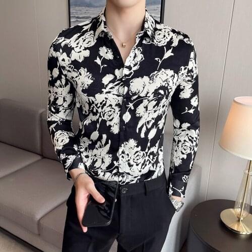 British Style New Long Sleeve Men Floral Shirts Fashion Luxury Print Slim Fit Casual Mens Social Shirt Dress Streetwear 4XL-M