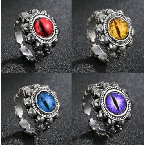 Gothic Punk Vintage Men Retro Evil Eyes Rings Devil Eyeball Skull Exaggerated Crystal Finger Ring Open Jewelry Halloween Gifts