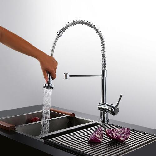 High quality single handle Chrome plated solid brass Cold & Hot water mixer kitchens faucet with two function Pull Down sprayer