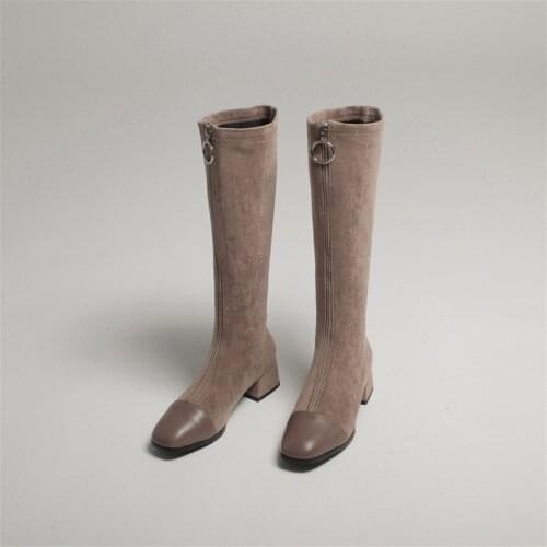 YQBTDL Black Khaki Front Zipper Knee High Boots Female Chunky Thick Heels Winter Long Boots Stretch Womens Sexy Boots Lady Shoes