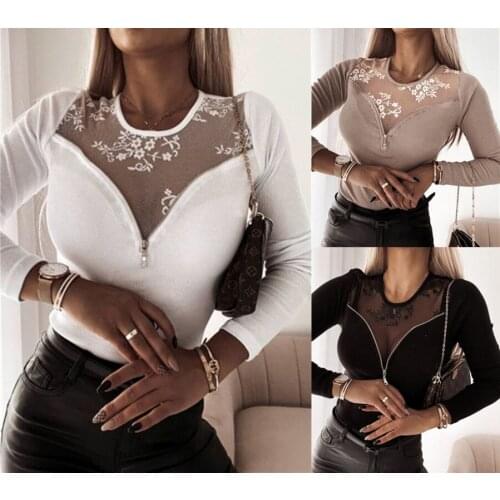 Top Women T-shirt for Women Mesh Patchwork Lace Zipper Decor Long Sleeve Pullover Female Top Woman T Shirt Womens Clothing 2021