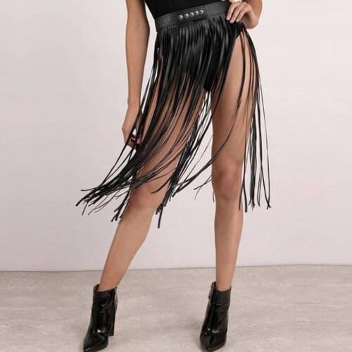 Womens High Waist Faux Leather Fringe Tassels Skirt Body Harness with Snap Buttons Halloween Party Punk Rock Costume Dress Clubw