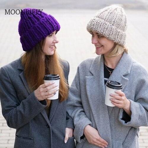 Women Winter Knitted Beanies Hat Thick Soft Warm Coarse Large Knitted Solid Hat Female Ice Ski Bonnet Skullies Beanies Hat Cap