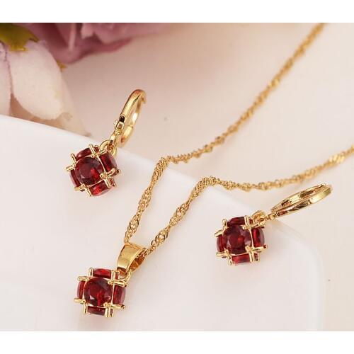 Queen New Red color Zircon Bridal Wedding Jewelry Sets with 14 k fine gold Filled Necklaces Pendant Earring Set Women girls