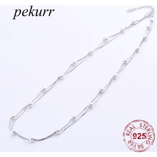 Pekurr 925 Sterling Silver Tiny Shell White Pearl Necklaces For Women Double Silver Chains Choker Fashion Jewelry Gift